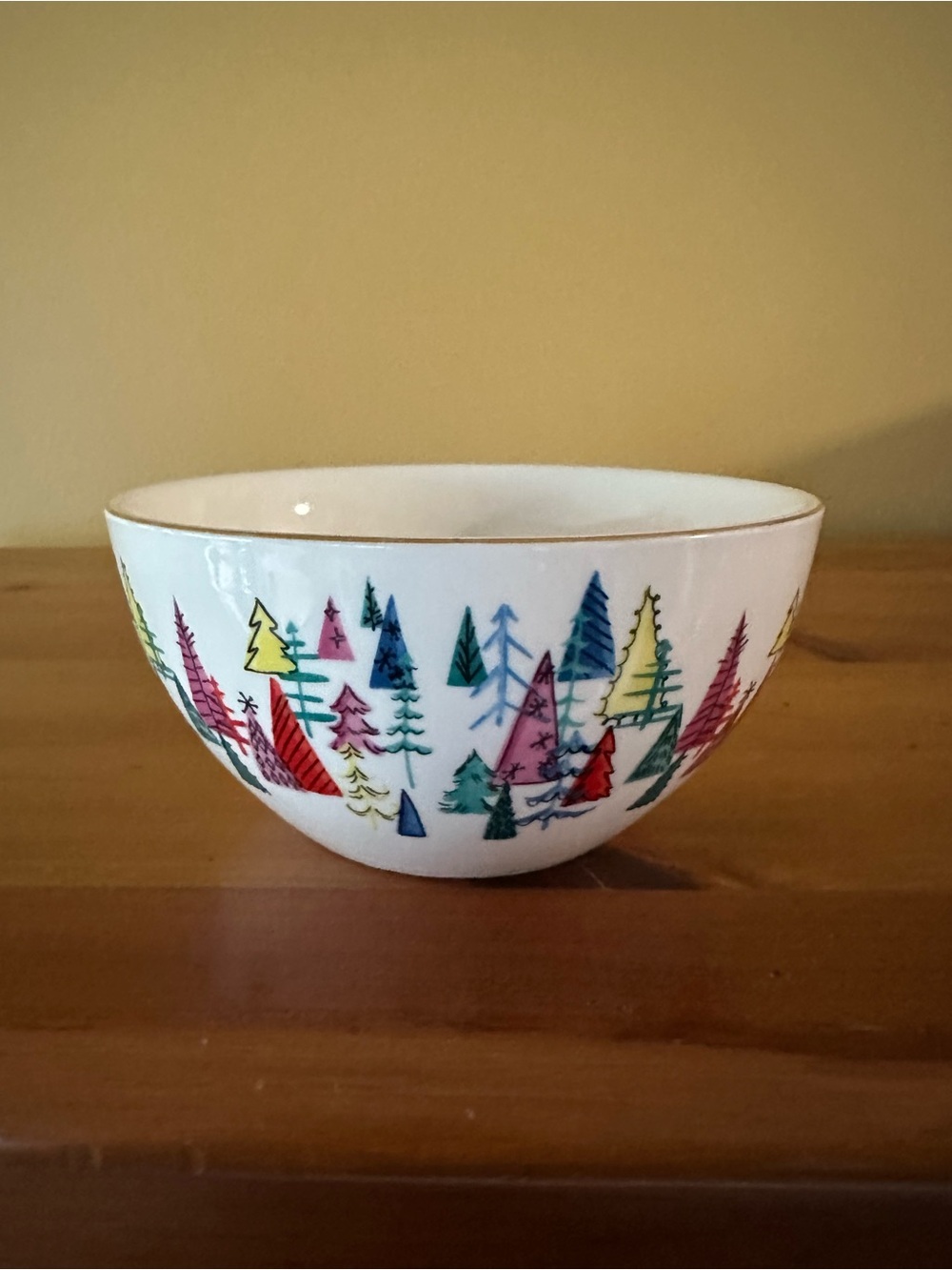 White Ceramic Bowl with Multicolor Tree Motif